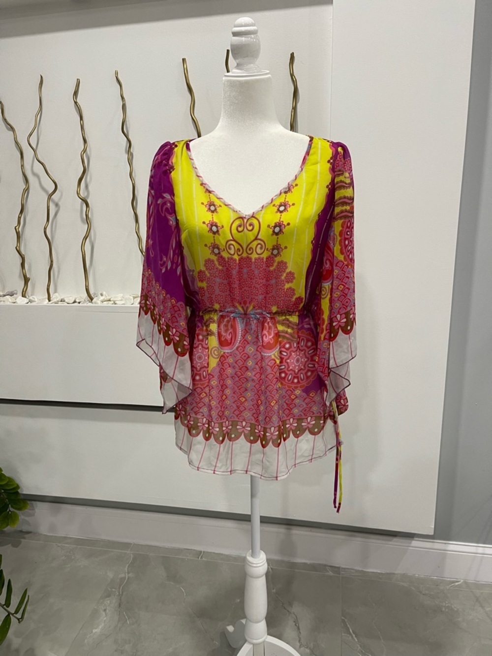 Sheer Boho V-Neck Blouse in Yellow & Magenta